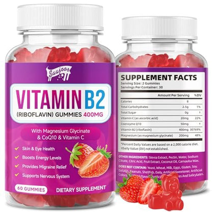 Saajoor Vitamin B2 Gummis – Riboflavin 400 mg mit Magnesium & CoQ10 & Vitaminen für Kinder & Erwachsene – Migräne-Linderung & Kopfschmerzlinderung – Erdbeergeschmack, 60 Gummis