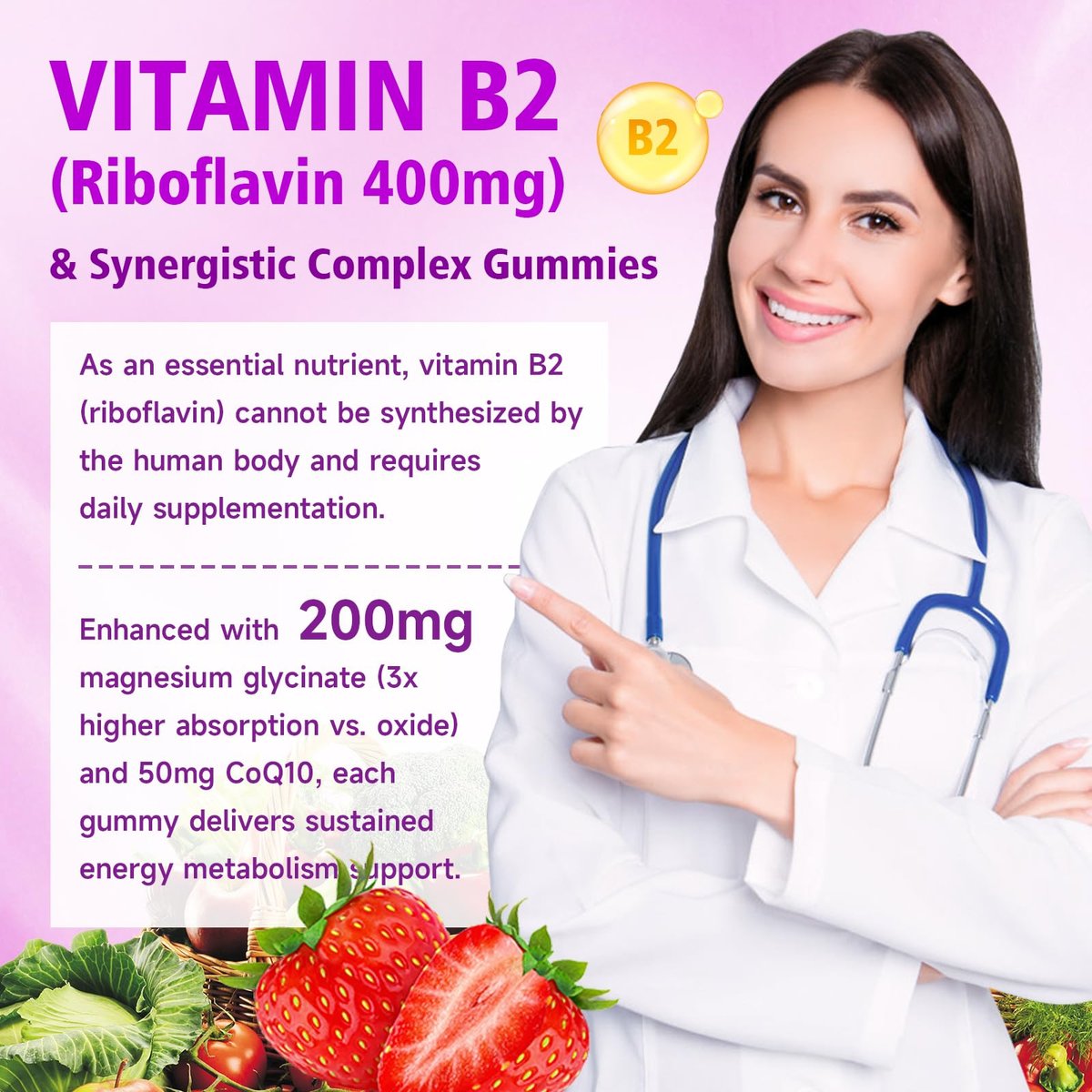 Saajoor Vitamin B2 Gummis – Riboflavin 400 mg mit Magnesium & CoQ10 & Vitaminen für Kinder & Erwachsene – Migräne-Linderung & Kopfschmerzlinderung – Erdbeergeschmack, 60 Gummis