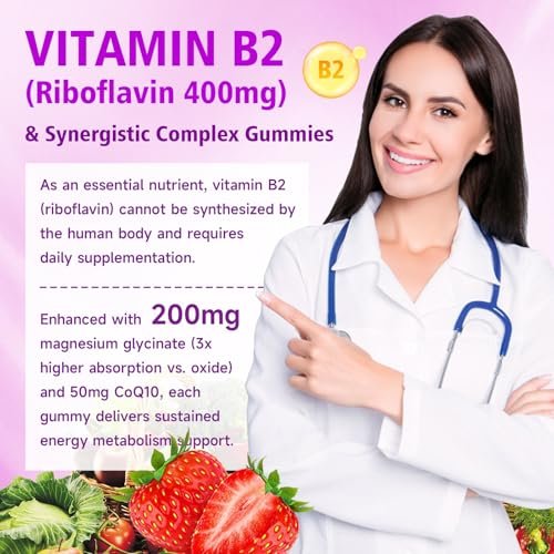 Saajoor Vitamin B2 Gummis – Riboflavin 400 mg mit Magnesium & CoQ10 & Vitaminen für Kinder & Erwachsene – Migräne-Linderung & Kopfschmerzlinderung – Erdbeergeschmack, 60 Gummis