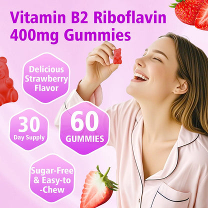 Saajoor Vitamin B2 Gummis – Riboflavin 400 mg mit Magnesium & CoQ10 & Vitaminen für Kinder & Erwachsene – Migräne-Linderung & Kopfschmerzlinderung – Erdbeergeschmack, 60 Gummis