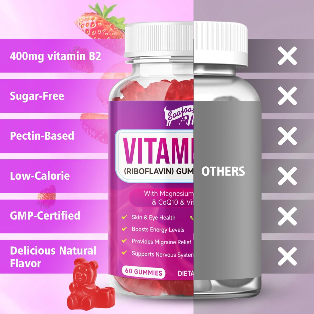 Saajoor Vitamin B2 Gummis – Riboflavin 400 mg mit Magnesium & CoQ10 & Vitaminen für Kinder & Erwachsene – Migräne-Linderung & Kopfschmerzlinderung – Erdbeergeschmack, 60 Gummis