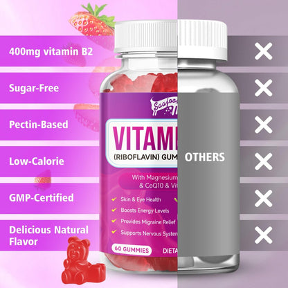 Saajoor Vitamin B2 Gummis – Riboflavin 400 mg mit Magnesium & CoQ10 & Vitaminen für Kinder & Erwachsene – Migräne-Linderung & Kopfschmerzlinderung – Erdbeergeschmack, 60 Gummis