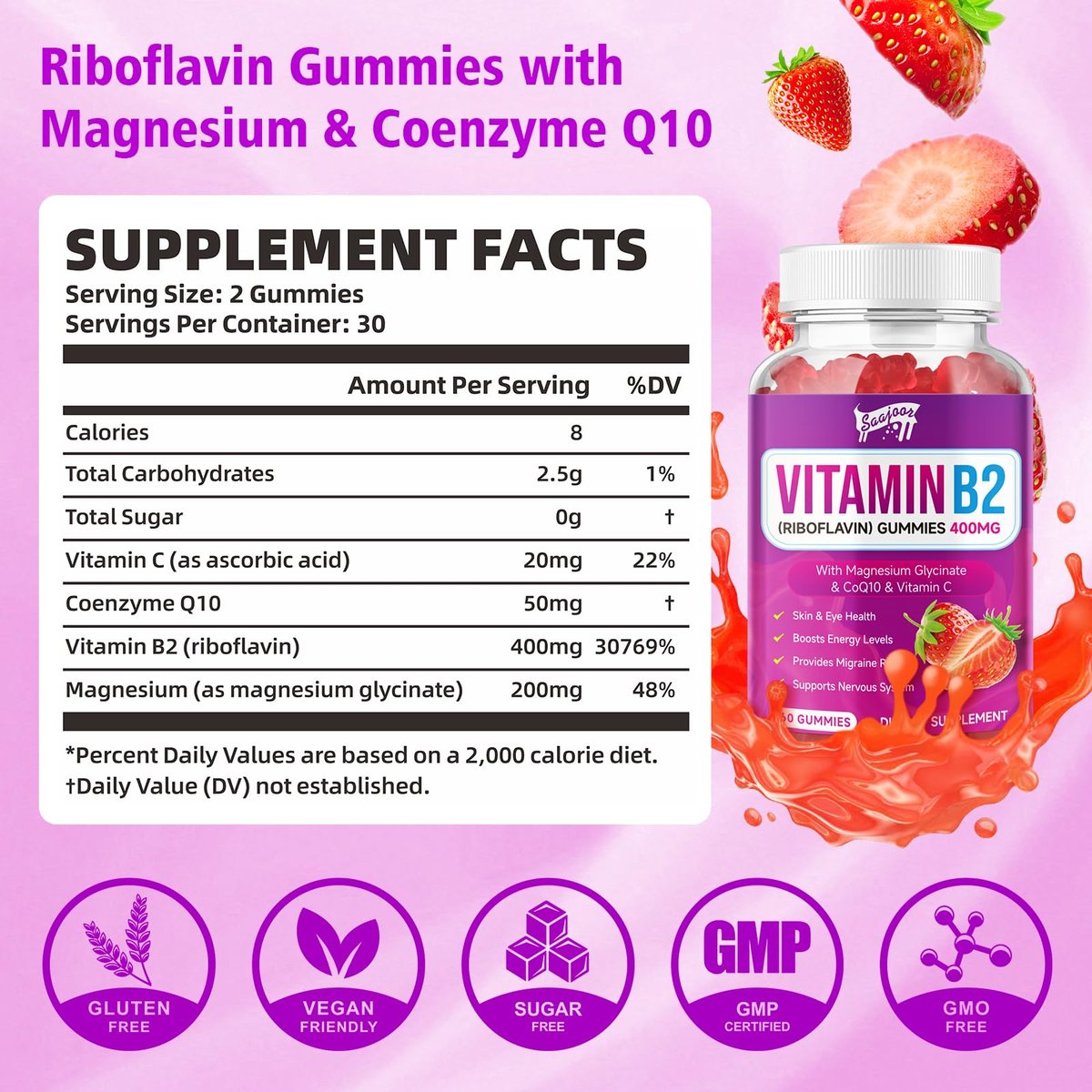 Saajoor Vitamin B2 Gummis – Riboflavin 400 mg mit Magnesium & CoQ10 & Vitaminen für Kinder & Erwachsene – Migräne-Linderung & Kopfschmerzlinderung – Erdbeergeschmack, 60 Gummis