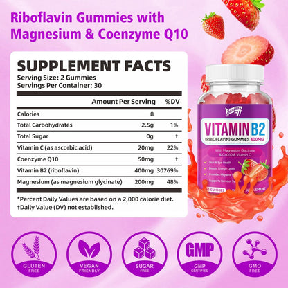 Saajoor Vitamin B2 Gummis – Riboflavin 400 mg mit Magnesium & CoQ10 & Vitaminen für Kinder & Erwachsene – Migräne-Linderung & Kopfschmerzlinderung – Erdbeergeschmack, 60 Gummis