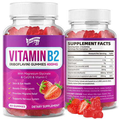 Saajoor Vitamin B2 Gummis – Riboflavin 400 mg mit Magnesium & CoQ10 & Vitaminen für Kinder & Erwachsene – Migräne-Linderung & Kopfschmerzlinderung – Erdbeergeschmack, 60 Gummis