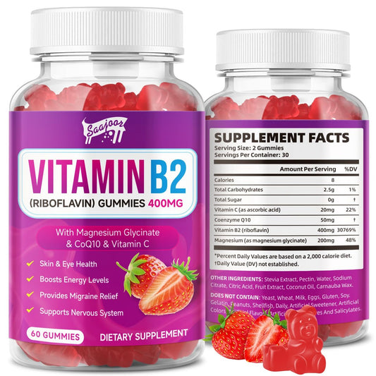Saajoor Vitamin B2 Gummis – Riboflavin 400 mg mit Magnesium & CoQ10 & Vitaminen für Kinder & Erwachsene – Migräne-Linderung & Kopfschmerzlinderung – Erdbeergeschmack, 60 Gummis