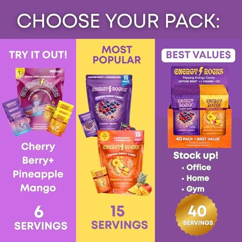 Energy Rocks Caffeine Candy – Popping Energy Candy Crystals, 100 mg Koffein, L-Theanin & B12, schnelle Energie ohne Getränk – Kaffee-Alternative 6er-Pack (Cherry Berry & Ananas Mango)