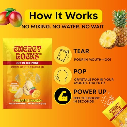 Energy Rocks Caffeine Candy – Popping Energy Candy Crystals, 100 mg Koffein, L-Theanin & B12, schnelle Energie ohne Getränk – Kaffee-Alternative 6er-Pack (Cherry Berry & Ananas Mango)
