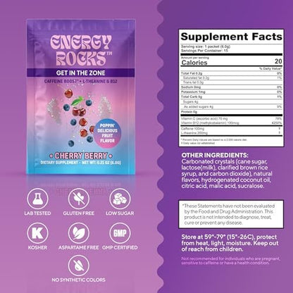 Energy Rocks Caffeine Candy – Popping Energy Candy Crystals, 100 mg Koffein, L-Theanin & B12, schnelle Energie ohne Getränk – Kaffee-Alternative 6er-Pack (Cherry Berry & Ananas Mango)