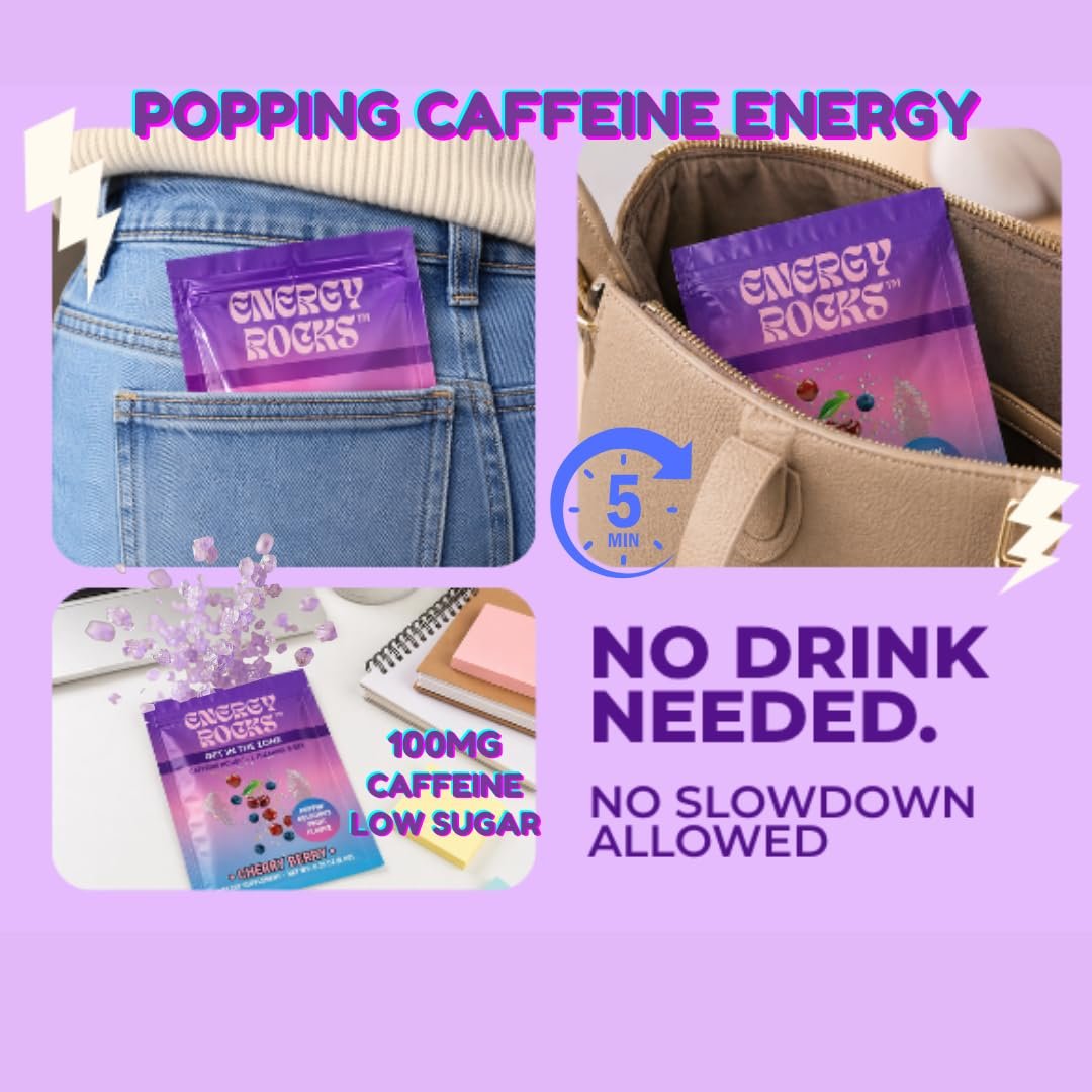 Energy Rocks Caffeine Candy – Popping Energy Candy Crystals, 100 mg Koffein, L-Theanin & B12, schnelle Energie ohne Getränk – Kaffee-Alternative 6er-Pack (Cherry Berry & Ananas Mango)