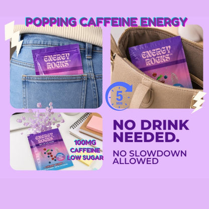 Energy Rocks Caffeine Candy – Popping Energy Candy Crystals, 100 mg Koffein, L-Theanin & B12, schnelle Energie ohne Getränk – Kaffee-Alternative 6er-Pack (Cherry Berry & Ananas Mango)