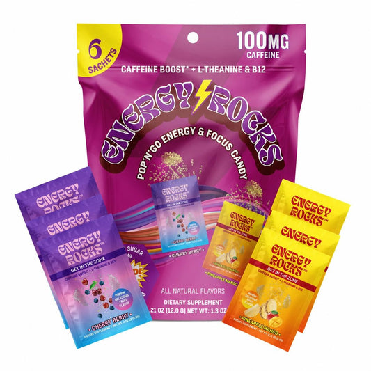 Energy Rocks Caffeine Candy – Popping Energy Candy Crystals, 100 mg Koffein, L-Theanin & B12, schnelle Energie ohne Getränk – Kaffee-Alternative 6er-Pack (Cherry Berry & Ananas Mango)