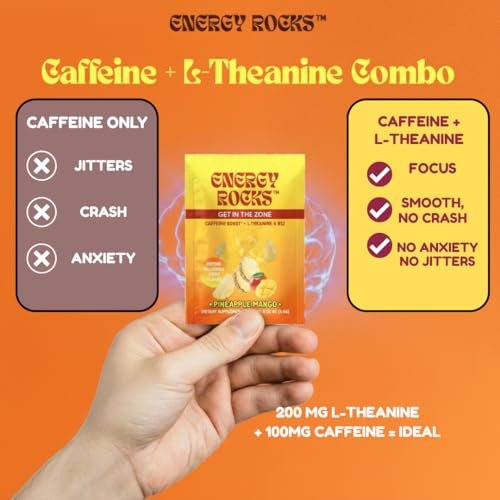 Energy Rocks Caffeine Candy – Popping Energy Candy Crystals, 100 mg Koffein, L-Theanin & B12, schnelle Energie ohne Getränk – Kaffee-Alternative 6er-Pack (Cherry Berry & Ananas Mango)