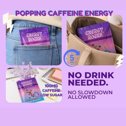 Energy Rocks Caffeine Candy – Popping Energy Candy Crystals, 100 mg Koffein, L-Theanin & B12, schnelle Energie ohne Getränk – Kaffee-Alternative 6er-Pack (Cherry Berry & Ananas Mango)