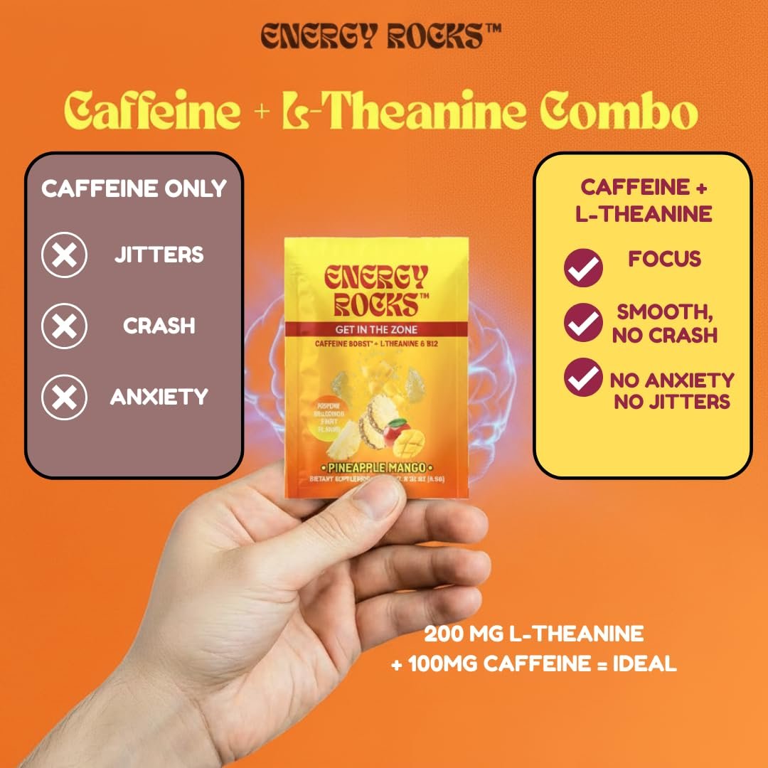 Energy Rocks Caffeine Candy – Popping Energy Candy Crystals, 100 mg Koffein, L-Theanin & B12, schnelle Energie ohne Getränk – Kaffee-Alternative 6er-Pack (Cherry Berry & Ananas Mango)