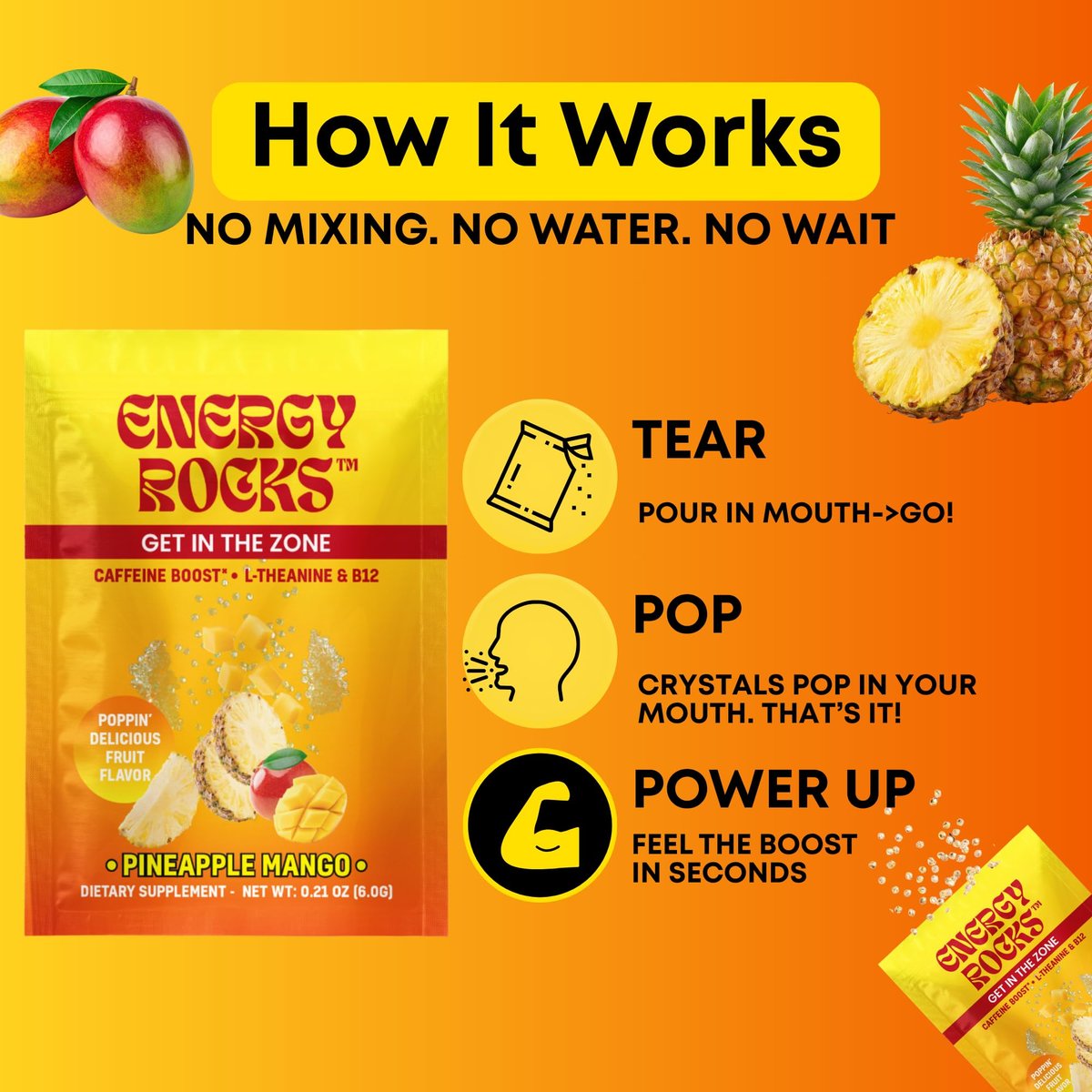 Energy Rocks Caffeine Candy – Popping Energy Candy Crystals, 100 mg Koffein, L-Theanin & B12, schnelle Energie ohne Getränk – Kaffee-Alternative 6er-Pack (Cherry Berry & Ananas Mango)