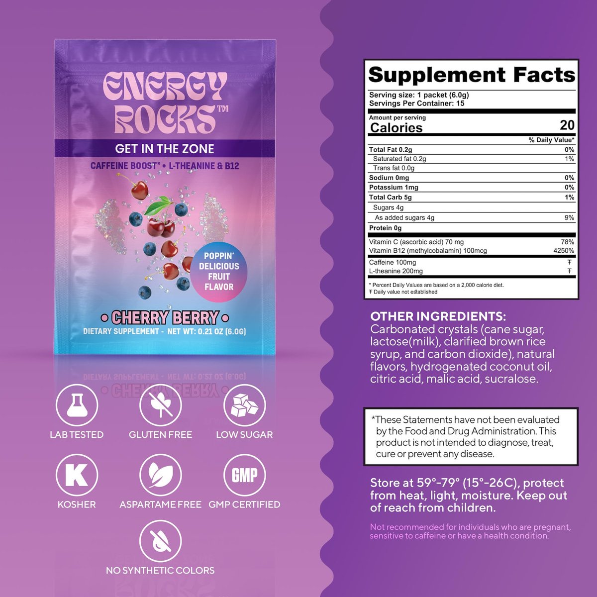 Energy Rocks Caffeine Candy – Popping Energy Candy Crystals, 100 mg Koffein, L-Theanin & B12, schnelle Energie ohne Getränk – Kaffee-Alternative 6er-Pack (Cherry Berry & Ananas Mango)