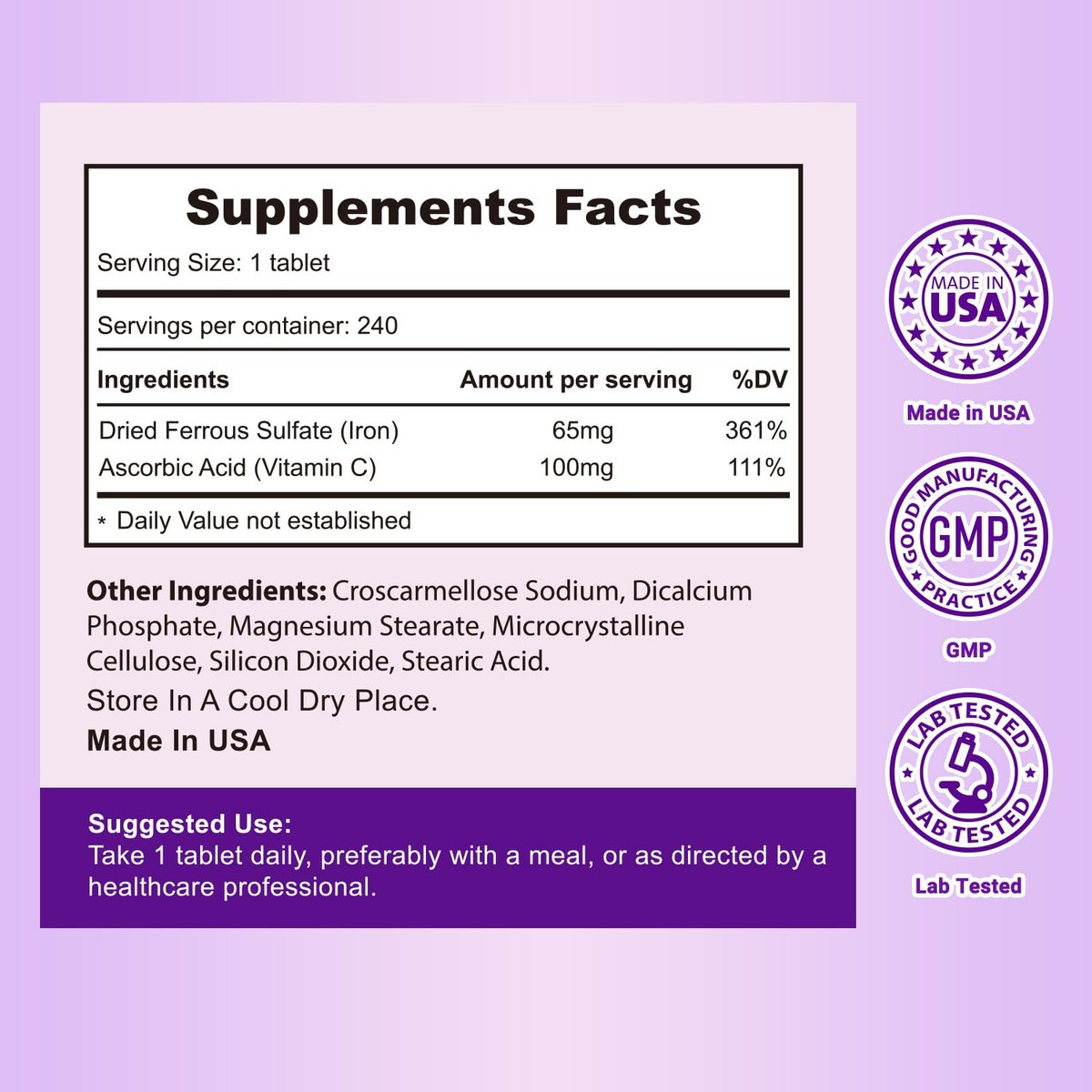 Heivy Eisenpräparat mit Ferrosulfat 325 mg und Vitamin C, 240 vegane Tabletten (8 Monate Vorrat) – 65 mg elementares Eisen, nicht gentechnisch verändert, vegan, hoch absorbierbar