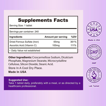 Heivy Eisenpräparat mit Ferrosulfat 325 mg und Vitamin C, 240 vegane Tabletten (8 Monate Vorrat) – 65 mg elementares Eisen, nicht gentechnisch verändert, vegan, hoch absorbierbar