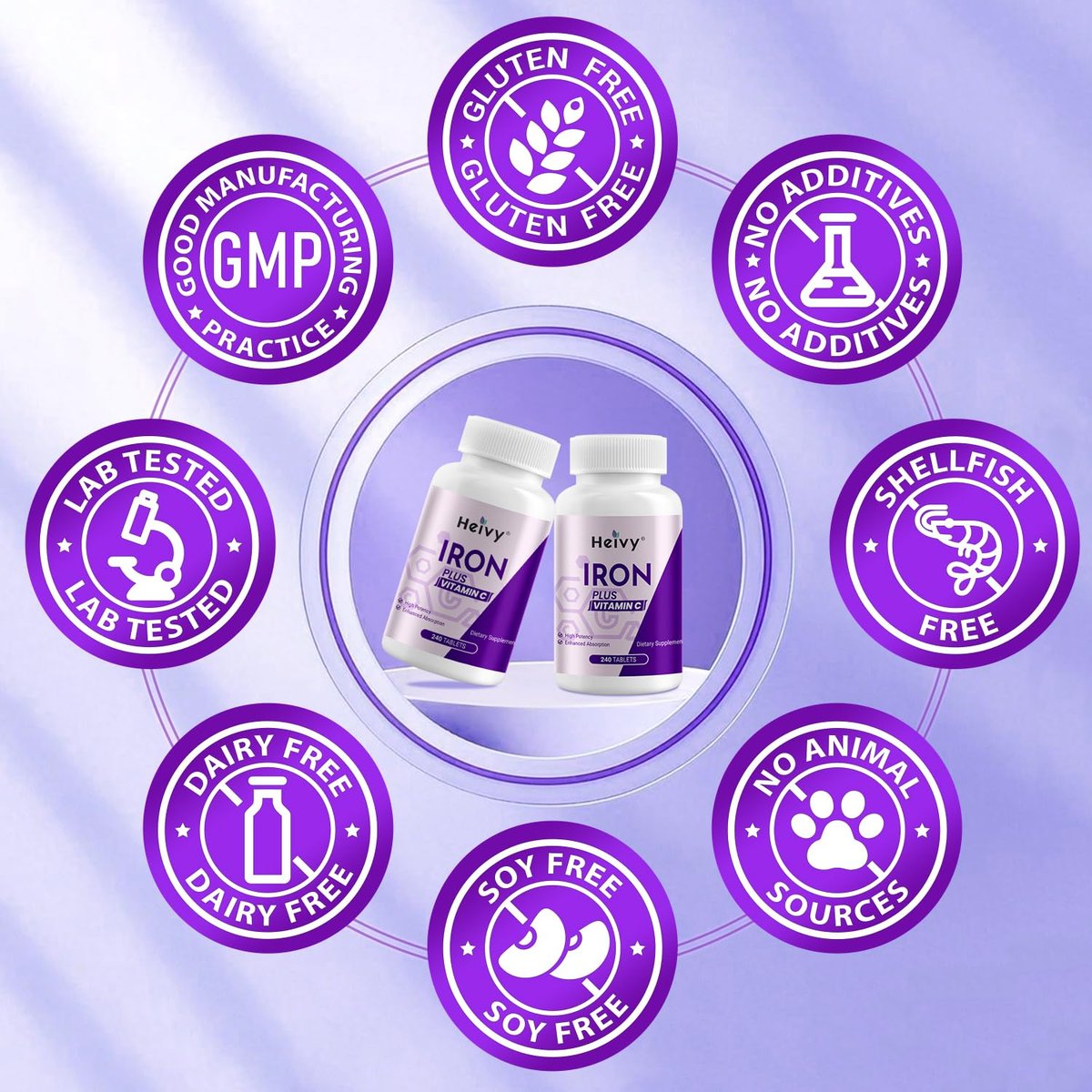Heivy Eisenpräparat mit Ferrosulfat 325 mg und Vitamin C, 240 vegane Tabletten (8 Monate Vorrat) – 65 mg elementares Eisen, nicht gentechnisch verändert, vegan, hoch absorbierbar