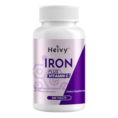 Heivy Eisenpräparat mit Ferrosulfat 325 mg und Vitamin C, 240 vegane Tabletten (8 Monate Vorrat) – 65 mg elementares Eisen, nicht gentechnisch verändert, vegan, hoch absorbierbar