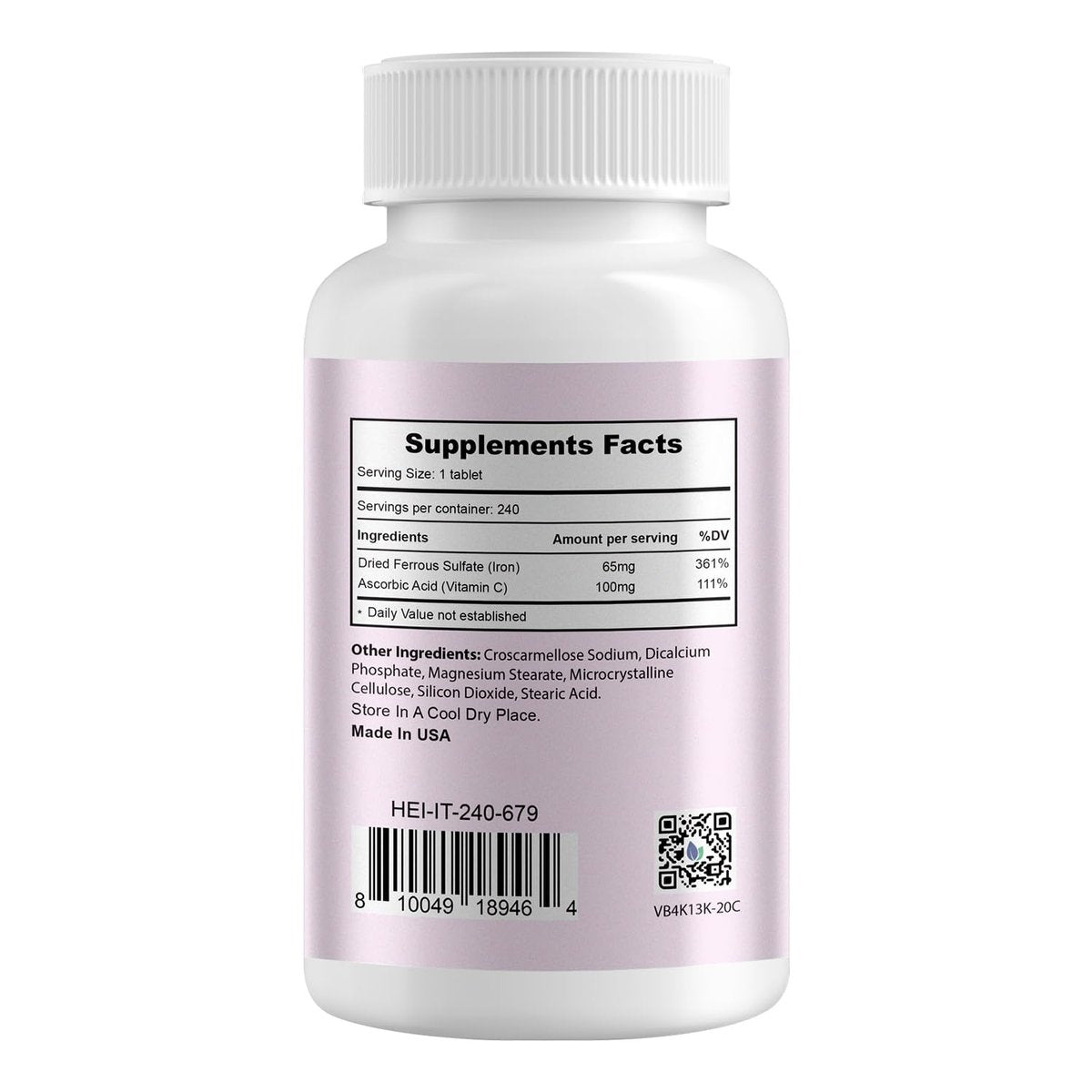 Heivy Eisenpräparat mit Ferrosulfat 325 mg und Vitamin C, 240 vegane Tabletten (8 Monate Vorrat) – 65 mg elementares Eisen, nicht gentechnisch verändert, vegan, hoch absorbierbar