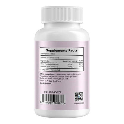 Heivy Eisenpräparat mit Ferrosulfat 325 mg und Vitamin C, 240 vegane Tabletten (8 Monate Vorrat) – 65 mg elementares Eisen, nicht gentechnisch verändert, vegan, hoch absorbierbar