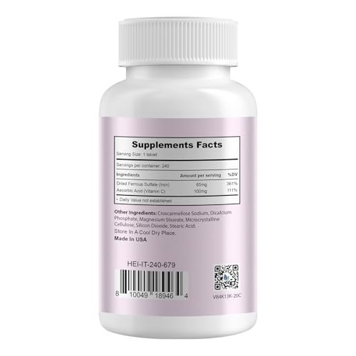 Heivy Eisenpräparat mit Ferrosulfat 325 mg und Vitamin C, 240 vegane Tabletten (8 Monate Vorrat) – 65 mg elementares Eisen, nicht gentechnisch verändert, vegan, hoch absorbierbar