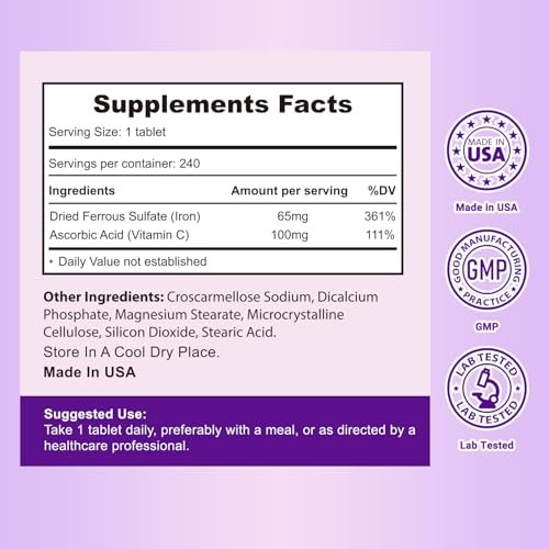 Heivy Eisenpräparat mit Ferrosulfat 325 mg und Vitamin C, 240 vegane Tabletten (8 Monate Vorrat) – 65 mg elementares Eisen, nicht gentechnisch verändert, vegan, hoch absorbierbar