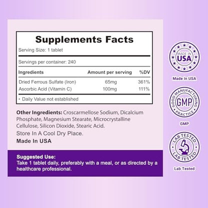 Heivy Eisenpräparat mit Ferrosulfat 325 mg und Vitamin C, 240 vegane Tabletten (8 Monate Vorrat) – 65 mg elementares Eisen, nicht gentechnisch verändert, vegan, hoch absorbierbar