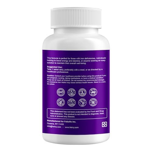 Heivy Eisenpräparat mit Ferrosulfat 325 mg und Vitamin C, 240 vegane Tabletten (8 Monate Vorrat) – 65 mg elementares Eisen, nicht gentechnisch verändert, vegan, hoch absorbierbar