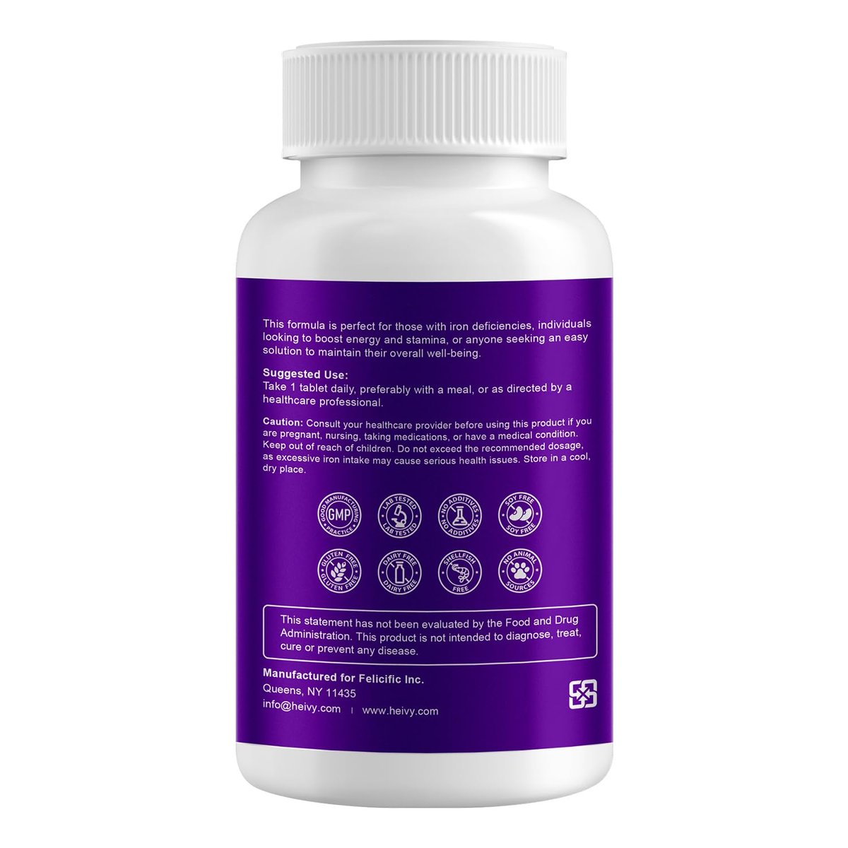 Heivy Eisenpräparat mit Ferrosulfat 325 mg und Vitamin C, 240 vegane Tabletten (8 Monate Vorrat) – 65 mg elementares Eisen, nicht gentechnisch verändert, vegan, hoch absorbierbar
