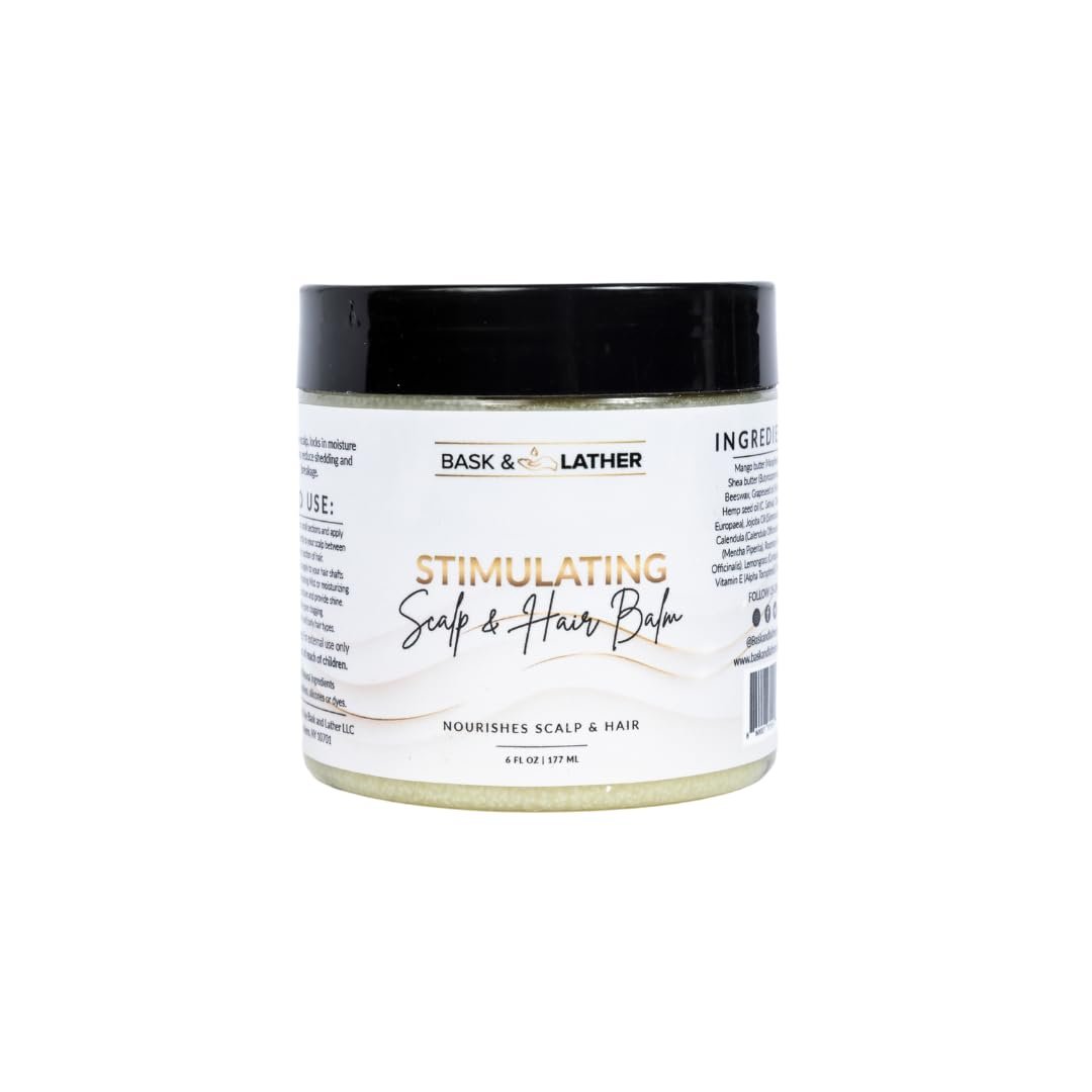 Bask & Lather Stimulierender Kopfhaut- und Haarbalsam für Haarwachstum – Mango & Sheabutter, nährendes Jojobaöl, Pfefferminz- & Rosmarinöl, Vitamin E – Kopfhautpflege, Haarpflege, Feuchtigkeit, Glanz & Stärke – 177 ml