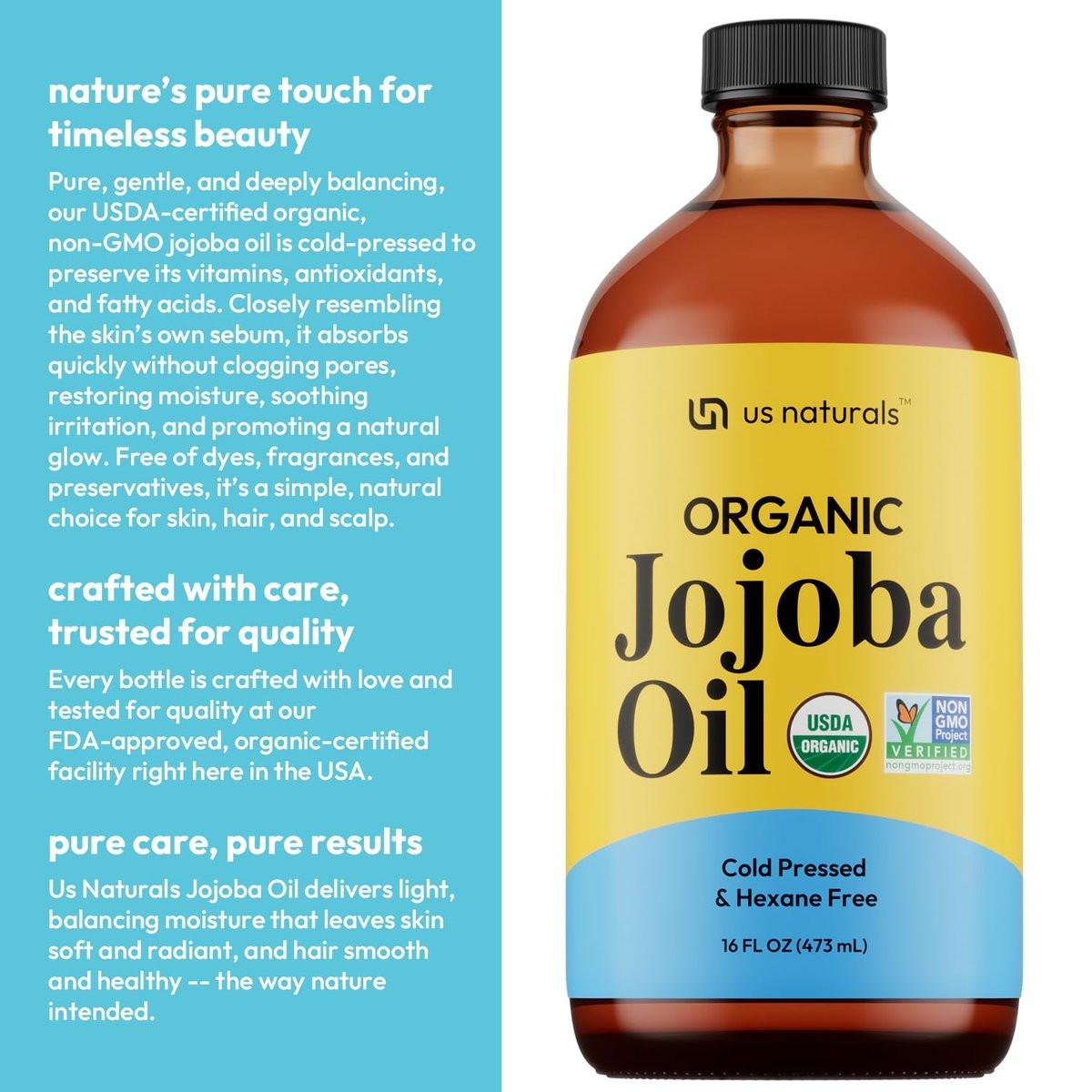 Us Naturals 16oz Bio-Jojobaöl in Glasflasche – USDA Bio & Non-GMO – 100% rein, kaltgepresst, unraffiniert, hexanfrei – Premium Hautpflegeöl