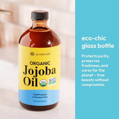 Us Naturals 16oz Bio-Jojobaöl in Glasflasche – USDA Bio & Non-GMO – 100% rein, kaltgepresst, unraffiniert, hexanfrei – Premium Hautpflegeöl