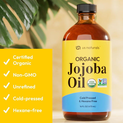 Us Naturals 16oz Bio-Jojobaöl in Glasflasche – USDA Bio & Non-GMO – 100% rein, kaltgepresst, unraffiniert, hexanfrei – Premium Hautpflegeöl