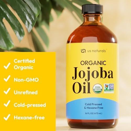 Us Naturals 16oz Bio-Jojobaöl in Glasflasche – USDA Bio & Non-GMO – 100% rein, kaltgepresst, unraffiniert, hexanfrei – Premium Hautpflegeöl