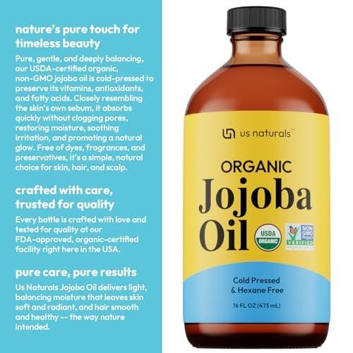 Us Naturals 16oz Bio-Jojobaöl in Glasflasche – USDA Bio & Non-GMO – 100% rein, kaltgepresst, unraffiniert, hexanfrei – Premium Hautpflegeöl