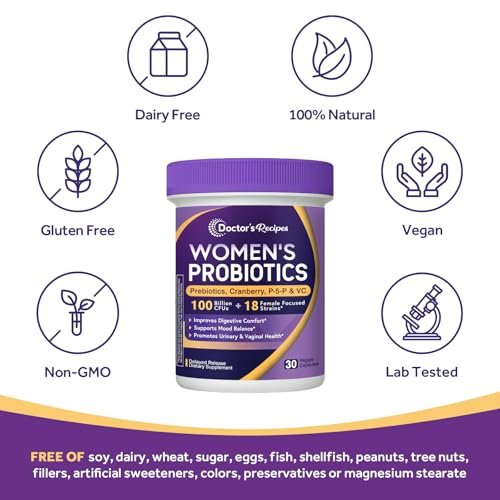 Doctor's Recipes Probiotika für Frauen, 100 Milliarden KBE, 18 probiotische Stämme, Präbiotika, Cranberry, P-5-P & Vitamin C, Vaginale, Verdauungs- & Immununterstützung, Haltbar, 30 vegane Kapseln