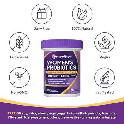 Doctor's Recipes Probiotika für Frauen, 100 Milliarden KBE, 18 probiotische Stämme, Präbiotika, Cranberry, P-5-P & Vitamin C, Vaginale, Verdauungs- & Immununterstützung, Haltbar, 30 vegane Kapseln