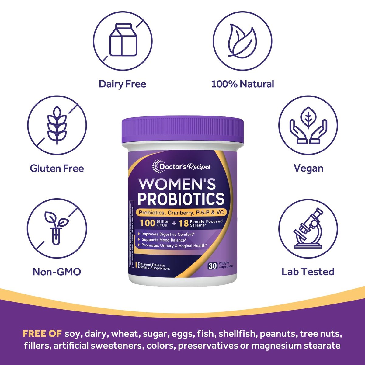 Doctor's Recipes Probiotika für Frauen, 100 Milliarden KBE, 18 probiotische Stämme, Präbiotika, Cranberry, P-5-P & Vitamin C, Vaginale, Verdauungs- & Immununterstützung, Haltbar, 30 vegane Kapseln