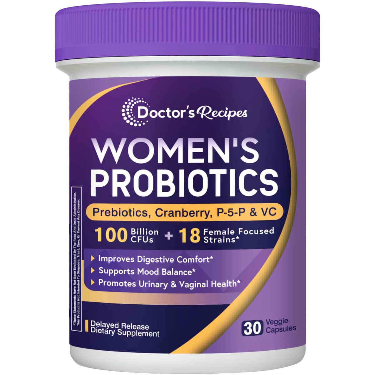 Doctor's Recipes Probiotika für Frauen, 100 Milliarden KBE, 18 probiotische Stämme, Präbiotika, Cranberry, P-5-P & Vitamin C, Vaginale, Verdauungs- & Immununterstützung, Haltbar, 30 vegane Kapseln