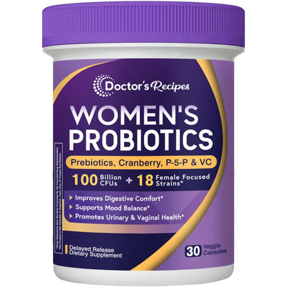 Doctor's Recipes Probiotika für Frauen, 100 Milliarden KBE, 18 probiotische Stämme, Präbiotika, Cranberry, P-5-P & Vitamin C, Vaginale, Verdauungs- & Immununterstützung, Haltbar, 30 vegane Kapseln