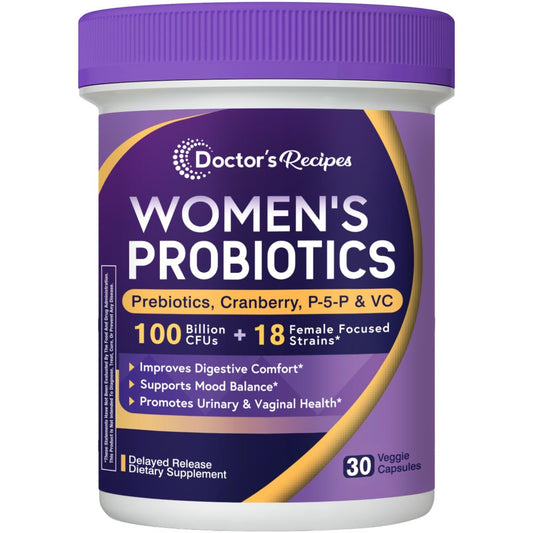 Doctor's Recipes Probiotika für Frauen, 100 Milliarden KBE, 18 probiotische Stämme, Präbiotika, Cranberry, P-5-P & Vitamin C, Vaginale, Verdauungs- & Immununterstützung, Haltbar, 30 vegane Kapseln