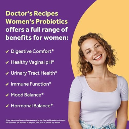 Doctor's Recipes Probiotika für Frauen, 100 Milliarden KBE, 18 probiotische Stämme, Präbiotika, Cranberry, P-5-P & Vitamin C, Vaginale, Verdauungs- & Immununterstützung, Haltbar, 30 vegane Kapseln