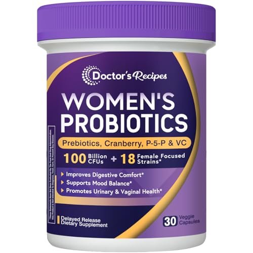 Doctor's Recipes Probiotika für Frauen, 100 Milliarden KBE, 18 probiotische Stämme, Präbiotika, Cranberry, P-5-P & Vitamin C, Vaginale, Verdauungs- & Immununterstützung, Haltbar, 30 vegane Kapseln