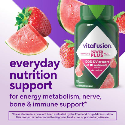Vitafusion Power Plus Frauen Multivitamin Gummis – 90 Stück, Erdbeer- und Wassermelonengeschmack, unterstützt Nerven, Energiestoffwechsel, Knochen- und Immunsystem
