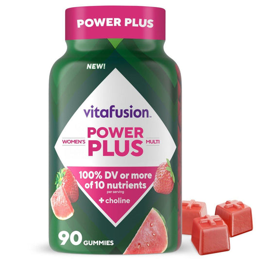Vitafusion Power Plus Frauen Multivitamin Gummis – 90 Stück, Erdbeer- und Wassermelonengeschmack, unterstützt Nerven, Energiestoffwechsel, Knochen- und Immunsystem