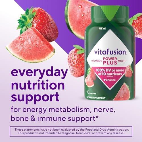 Vitafusion Power Plus Frauen Multivitamin Gummis – 90 Stück, Erdbeer- und Wassermelonengeschmack, unterstützt Nerven, Energiestoffwechsel, Knochen- und Immunsystem