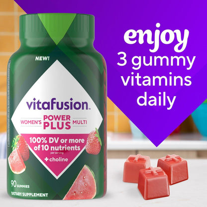 Vitafusion Power Plus Frauen Multivitamin Gummis – 90 Stück, Erdbeer- und Wassermelonengeschmack, unterstützt Nerven, Energiestoffwechsel, Knochen- und Immunsystem